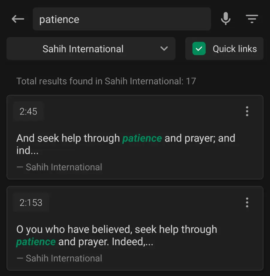 Screenshot of the search term 'patience' in QuranApp